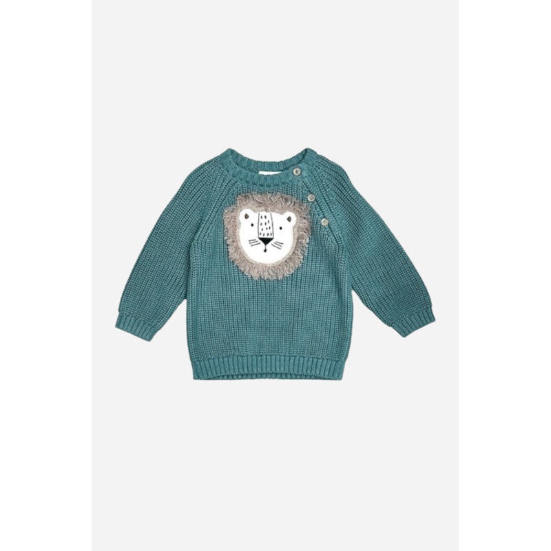 Viverano Lion Applique Baby Pullover Sweater Knit in Teal Blue