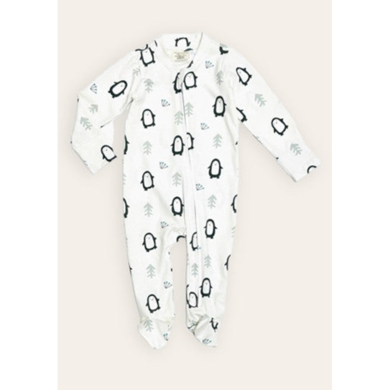 Viverano Penguin Zipper Footie Baby Romper in Natural
