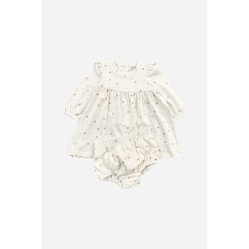 Viverano Stars Flare Baby Girl Dress + Bloomer Set in Natural