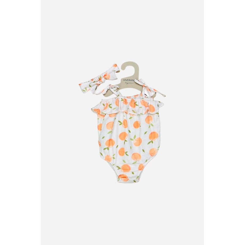 Viverano Peaches Shoulder Tie Bubble Romper + Headband in Natural