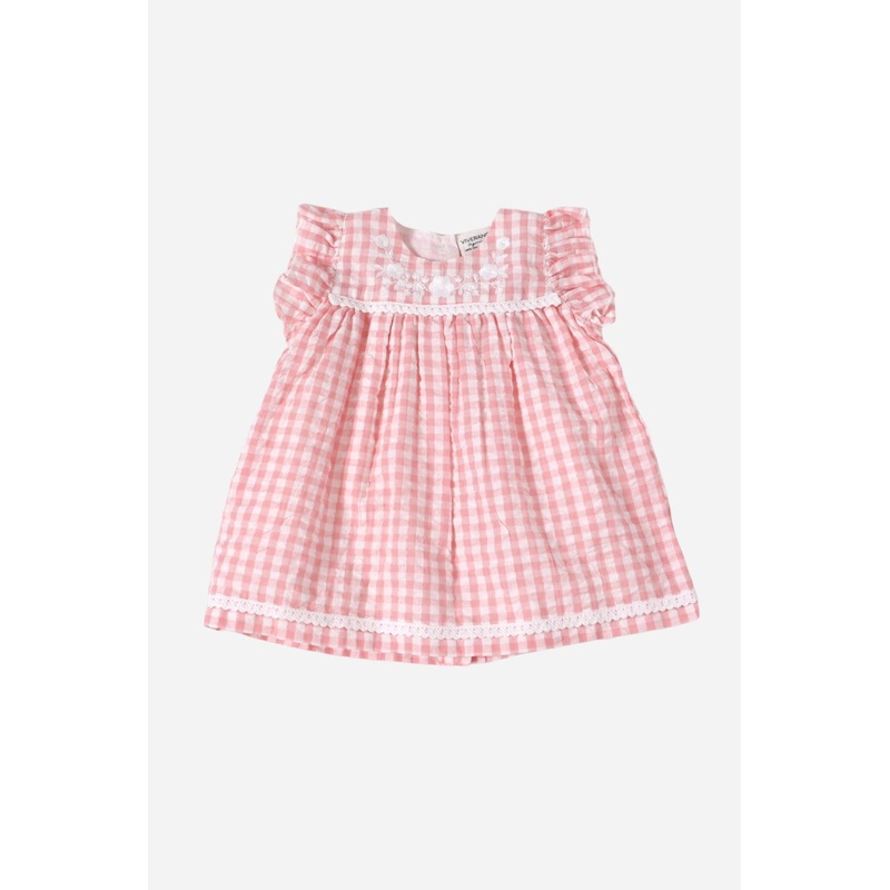 Viverano Sophie Seersucker Gingham Baby Dress + Bloomer in Pastel Pink