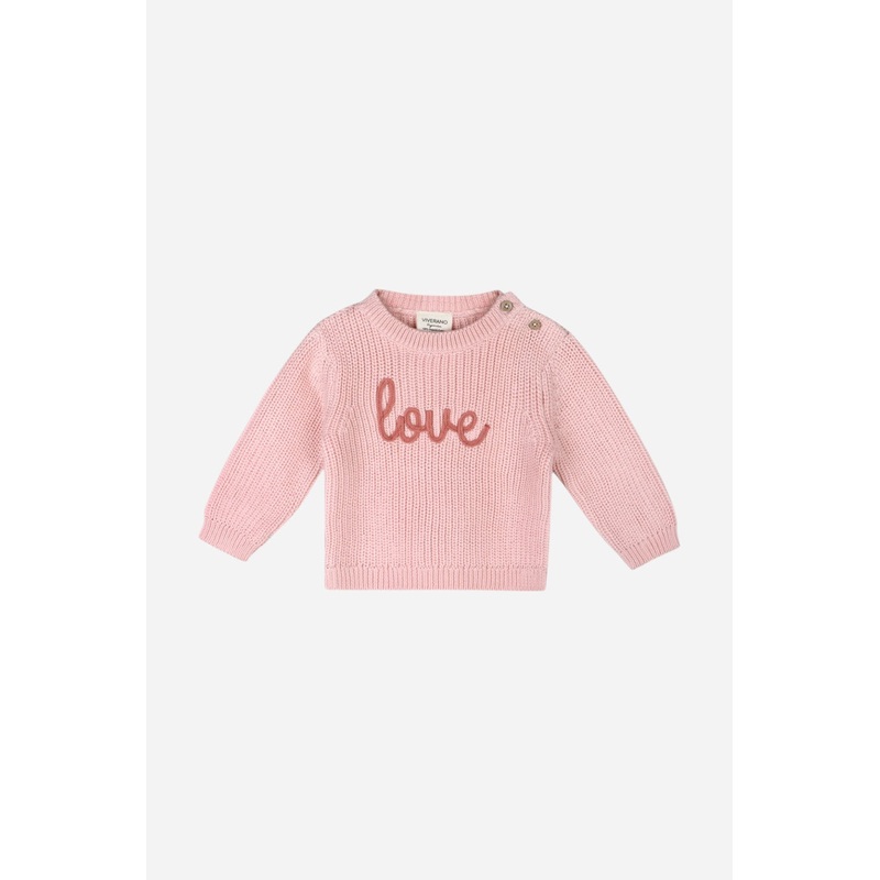 Viverano Love Embroidered Chunky Knit Baby Sweater in Pink