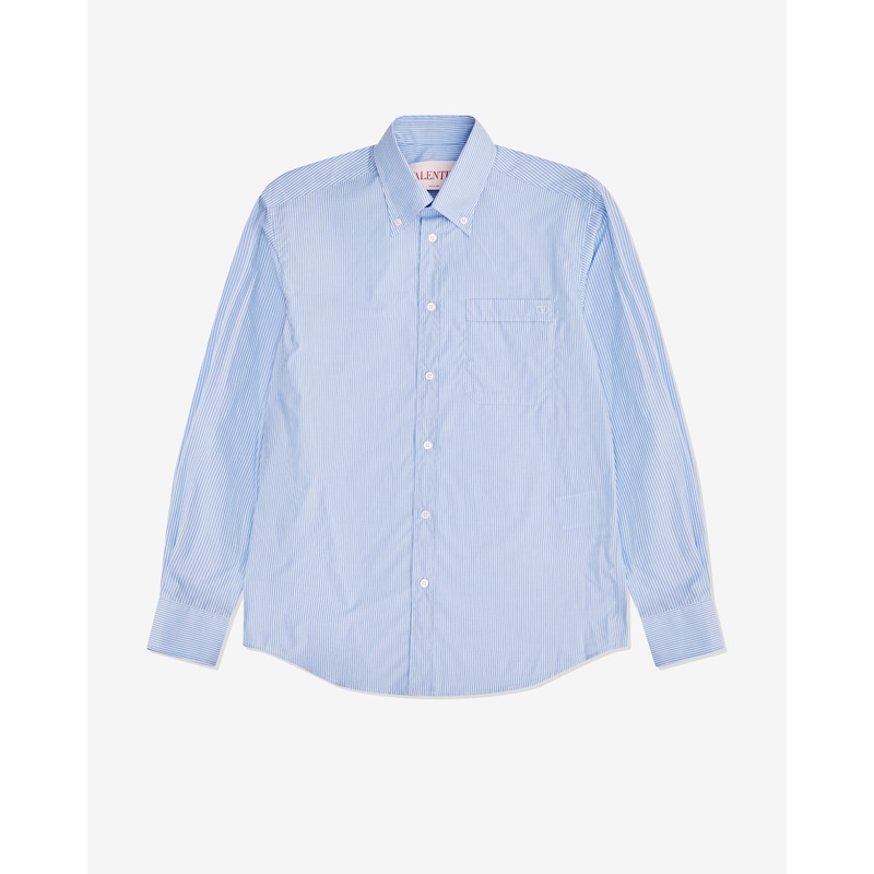 Valentino – Men’s V-Logo Embroidered Stripe Cotton Shirt – (Blue)